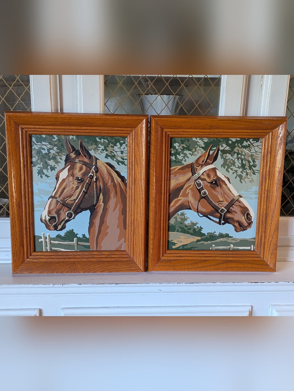 🐴VTG MC Paint By Numbers Pair Framed Horse Portraits Acrylic Paintings Wall Art